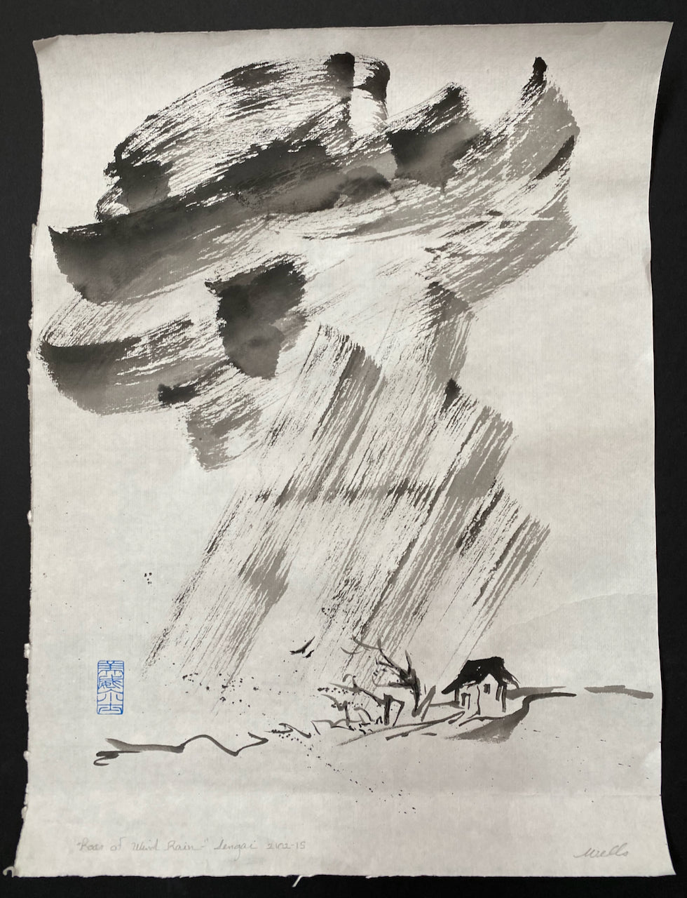 "Roar of Wind Rain" by Marilyn Wells, abstract sumi e original inspired by a poem of Sengai.