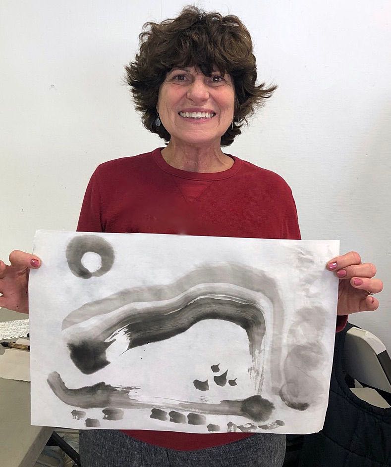Alt text: Sumi e Painting Zoom- Lessons with Marilyn Wells. Ink and Brush.