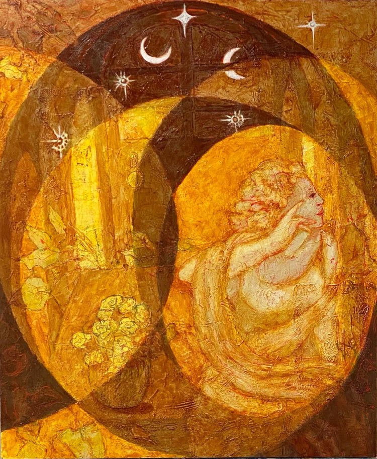 Golden Roses  by Marilyn Wells Oil and Cold Wax Painting on Wood Panel 20" x 24"