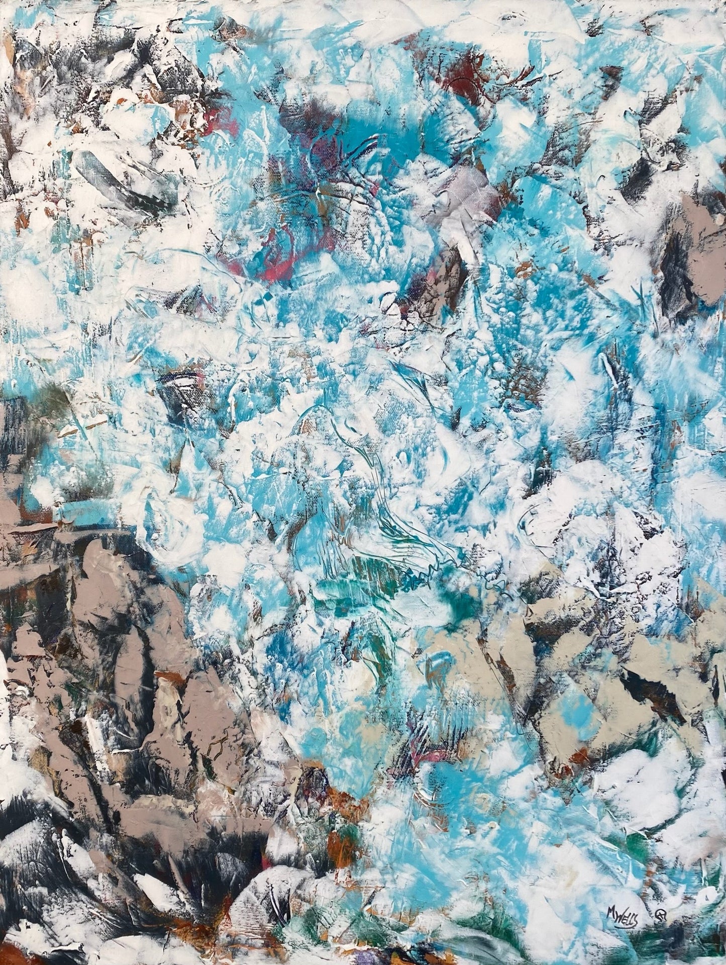 Oil & Cold Wax Painting Original “Wandering Water - Mother Earth 4”, blue water painting by Marilyn Wells 