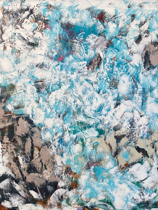 Oil & Cold Wax Painting Original “Wandering Water - Mother Earth 4”, blue water painting by Marilyn Wells 
