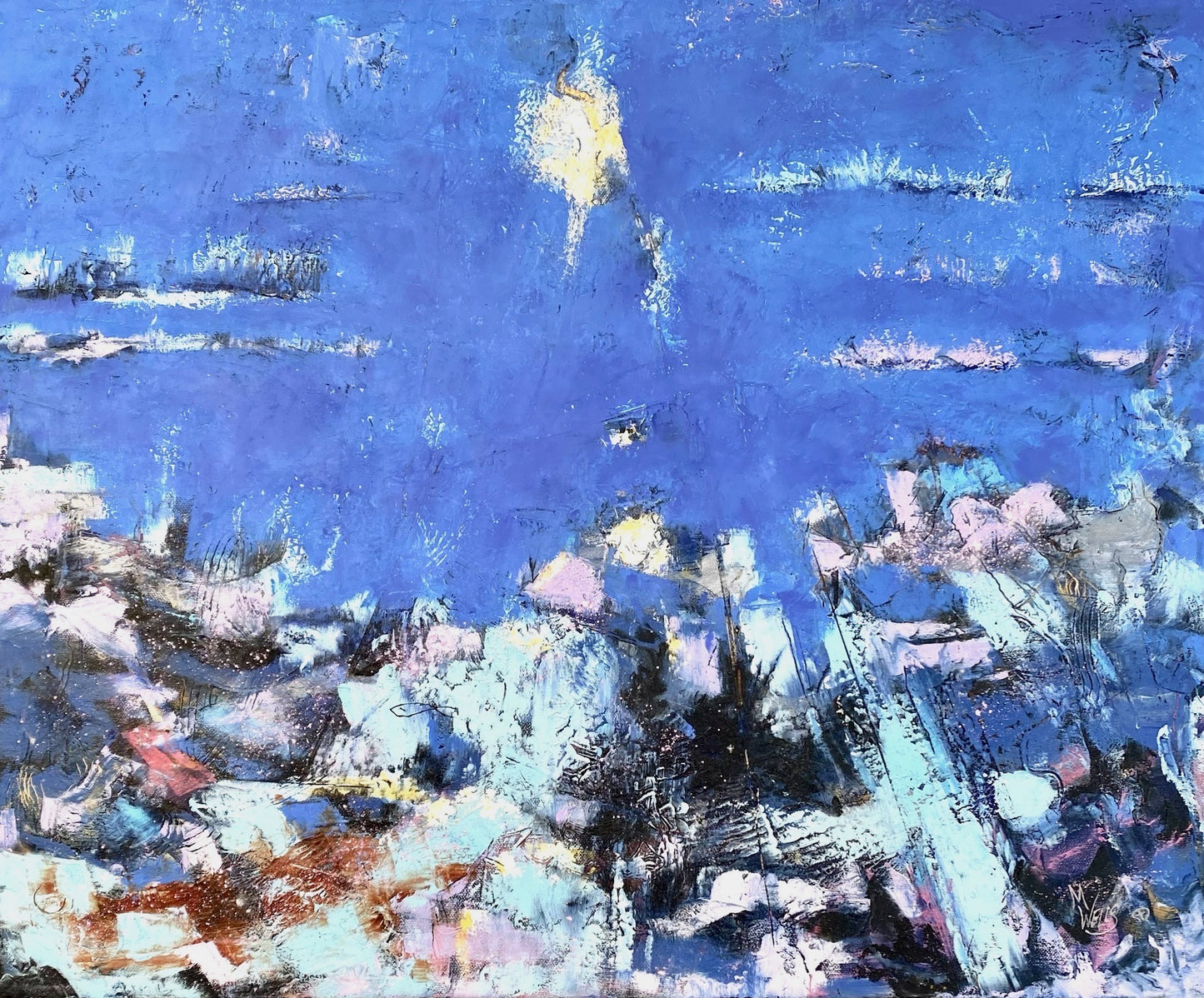 “Between the Fish and the Moon -  5” Oil and Cold Wax Painting by Marilyn Wells