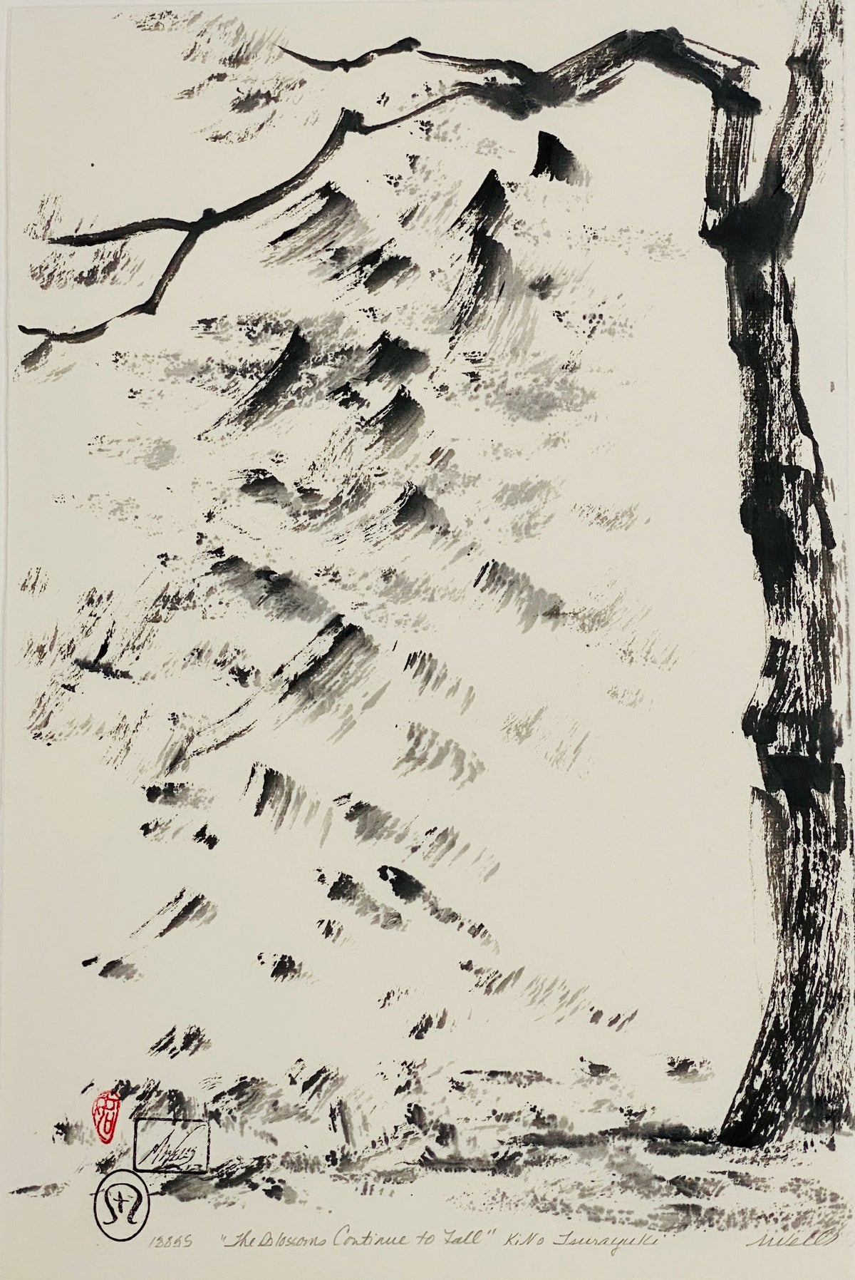 "The Blossoms Continue to Fall" by Marilyn Wells, Abstract sumi e Original 