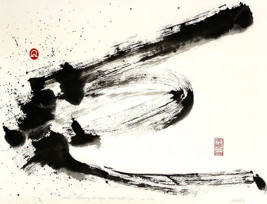 Black on white sumi e abstract painting "What is Holding You" by Marilyn Wells based on a poem by Mary Oliver 