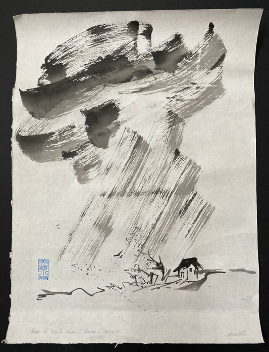 "Roar of Wind Rain" by Marilyn Wells, abstract sumi e original inspired by a poem of Sengai.