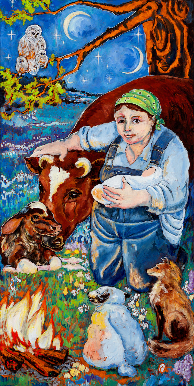 Oil Painting in vivid colors of St. Bridget, the midwife with the baby and beloved animals of spiritual significance - "You Are Loved -Saint Bridget” by Marilyn Wells